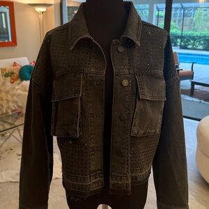 NWT River Island Crop Crystal Embellished Black Denim Jacket